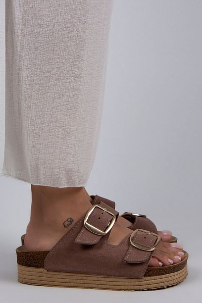 Manijero Selina Women's Genuine Leather Double Buckle Mink - Gold Slippers