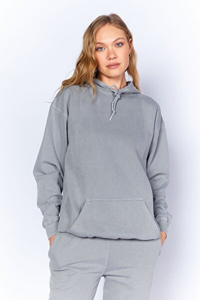 Manche سويت شيرت محبوك بجيب الكنغر ذو مقاس عادي/عادي ذو تأثير شاحب| تلوين رمادي