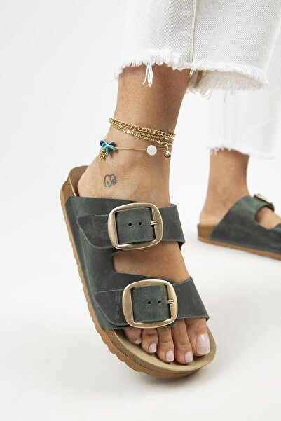 Manijero Παντόφλες Green Gold - Irene Antique, Γνήσιο δέρμα, Διπλή Πόρπη