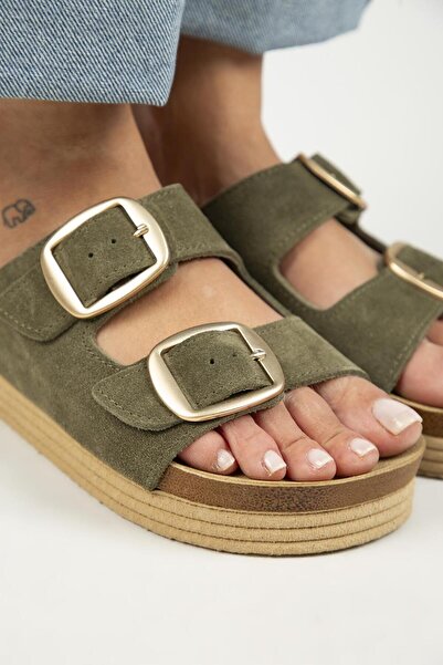 Manijero Selina Γυναικείες - Δερμάτινες Παντόφλες Χακί Διπλής Πόρπης