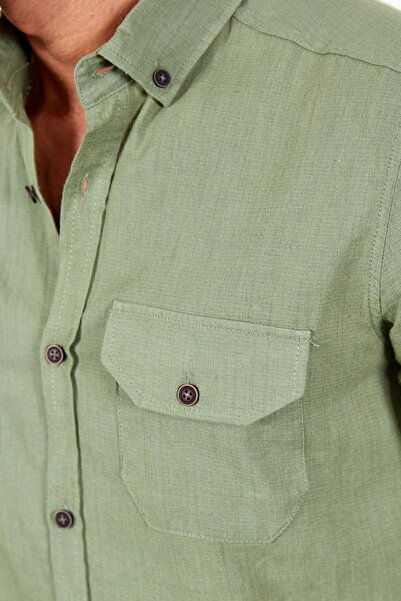Manche Khaki Linen Short Sleeve Double Pocket Flap Shirt