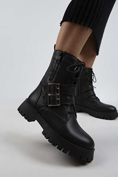 Manijero Hannah Kadın Hakiki Deri Bağcıklı Fermuarlı Tokalı Siyah Bot