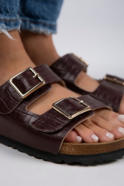 Manijero Croco Women's Genuine Leather Double Buckle Crocodile Claret Red Slippers