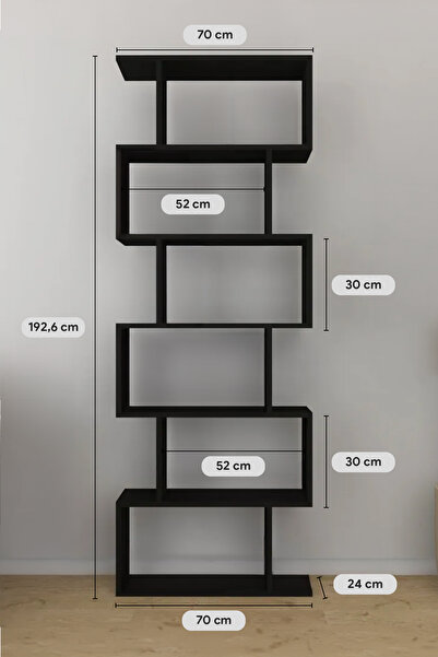 Mirobi Oregon 6 Raflı Zikzak Kitaplık, Dekoratif Raf 6 Raflı Kitaplık, Labirent, Zigzag Siyah