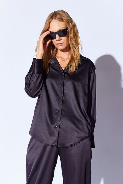Manche Black Satin - Comfortable Cut and Thick Cuffed Women's Shirt MKS 169477 -01