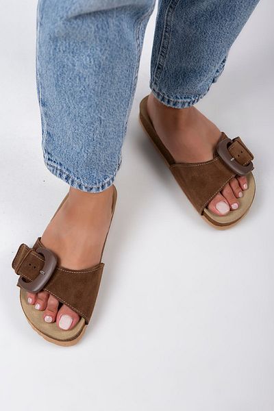 Manijero Alandra Women's Genuine Leather Single Strip Brown Slippers