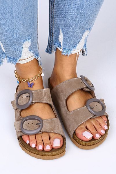 Manijero Eron Genuine Leather Double Buckle Mink Slippers