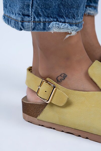 Manijero Holly Kadın Hakiki Deri Kemerli Tokalı Sarı - Gold Sandalet