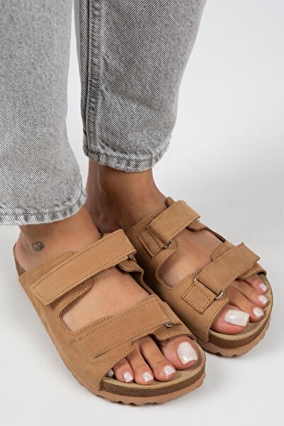 Manijero Hazel Women's Genuine Leather Double Velcro Tan Slippers