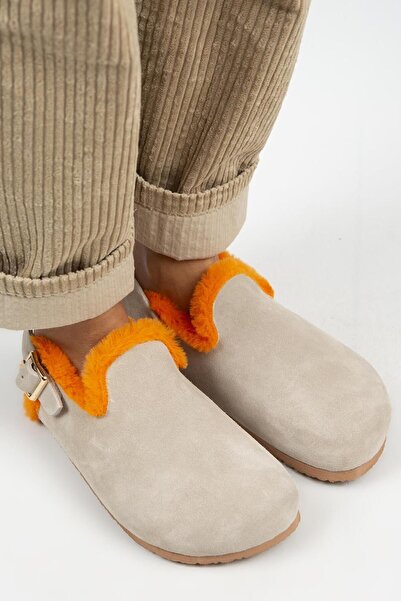 Manijero Holly Furry Women's Genuine Leather Furry Genuine Leather Belt Buckle Beige- Orange Sandals