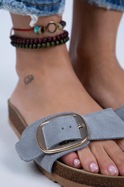 Manijero Jade Жіночі шкіряні тапочки з однією пряжкою, сірий замш - золоті