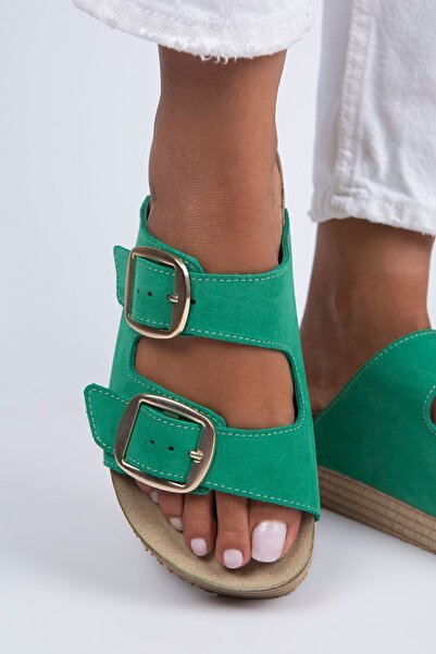 Manijero Selina Γυναικείες παντόφλες με διπλή πόρπη από γνήσιο δέρμα πράσινο - χρυσό