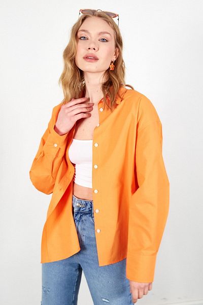 Manche Women's Relaxed Fit 100% Cotton Poplin Shirt |   Orange Mks 163867 -01