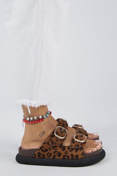 Manijero Genuine Leather Lavanda Leopard Women's Slippers - Double Buckle Tan