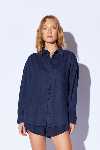 Manche LuxurY SinGle Pocket NavY Blue Oversize Women's Shirt - 100% Pure Linen Washed MKS 169571 -01