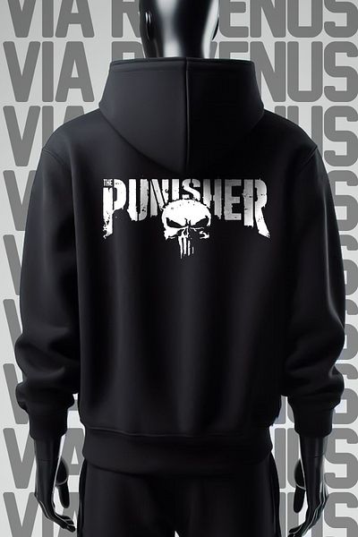 Vordevia Широк модел с 3 прежди Punisher - черен суитшърт с качулка и щампа отпред и отзад