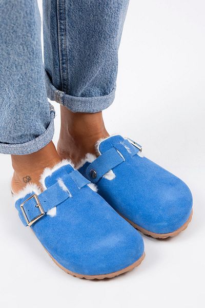 Manijero Papuci de damă Zeta Fur, din piele naturală, cu cataramă, cu centură, din piele de căprioară, albastru