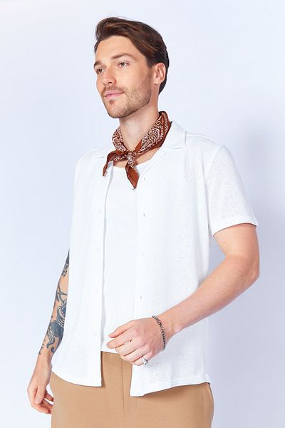 Manche Men's Shirt - Knitwear Textured, Crose Apache Collar, Short Sleeve, Ecru MJS118927-01