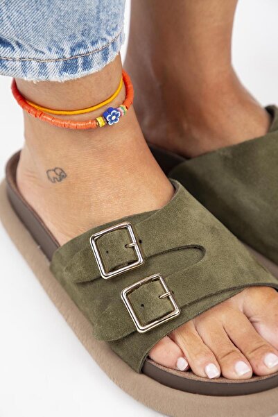 Manijero Lirio Women - Παντόφλες Χακί με διπλή πόρπη από γνήσιο δέρμα