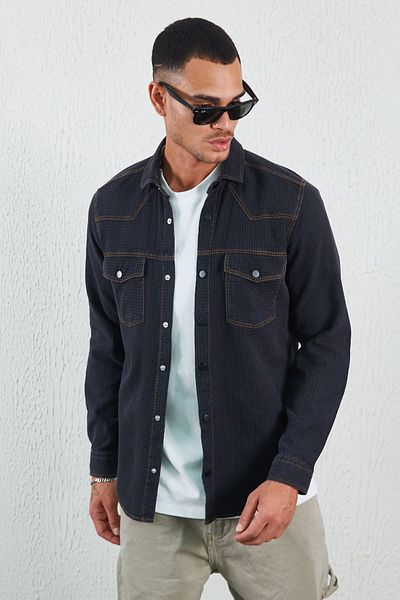 Manche Black Double Pocket Flap Men's Shirt Black