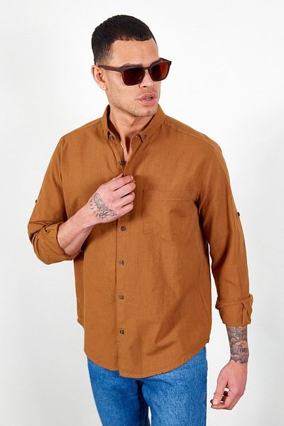 Manche Brown Single Pocket Linen Shirt