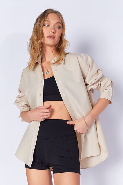 Manche Women's Relaxed Fit 100% Cotton Poplin Shirt |   Stone Mks 163867 -01