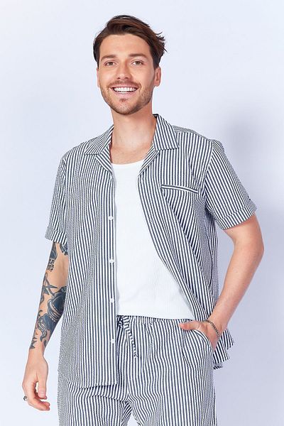 Manche Black Men's Shirt - Pocket Detail, Short Sleeve, Apache Collar, Seersucker Striped| MES114629-01
