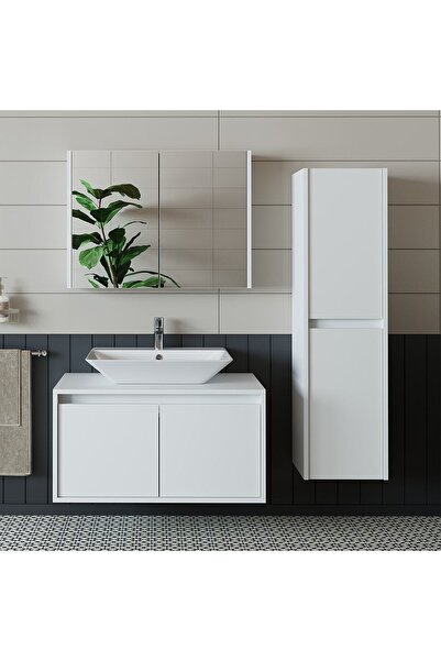 ROOMART Banos Banyo Lavabolu Mat Beyaz Mdf 85 Cm Banyo Dolabı+aynalı Banyo Üst Dolap+banyo Boy Dolap