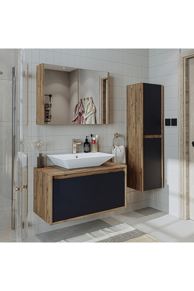 ROOMART Roomarttm7.3 Lavabolu Ahşap-antrasit Mdf 85 Cm Banyo Dolabı+ Aynalı Banyo Üst Dolabı+Boy Dolabı