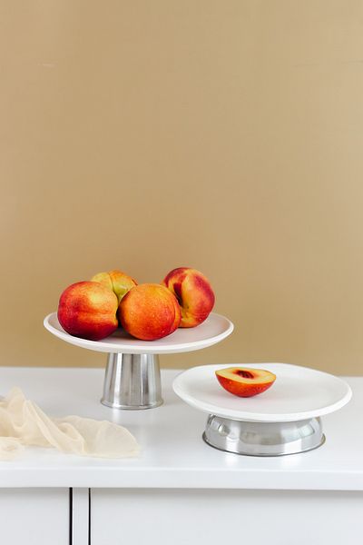 Beige & Stone White 23 cm Ceramic Round Service/ Presentation Plate Stand with Low Metal Legs