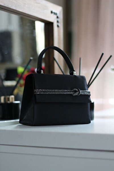 Moom Bag Γυναικεία τσάντα ώμου βραδινό φόρεμα με λεπτομέρεια από σατέν μαύρη πέτρα