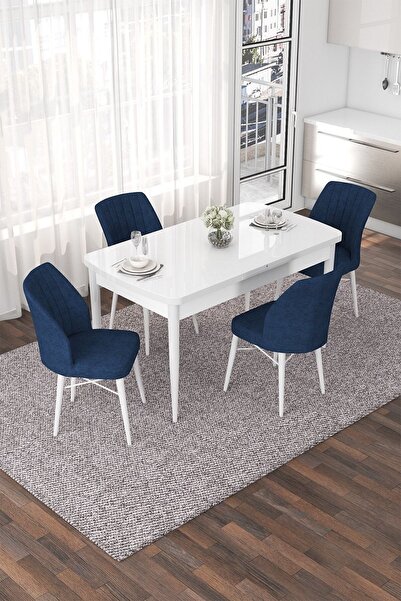 Canisa Nef Serisi 70x114 Açılabilir Mdf Beyaz Mutfak Masası Takımı Ve 4 Lacivert Sandalye