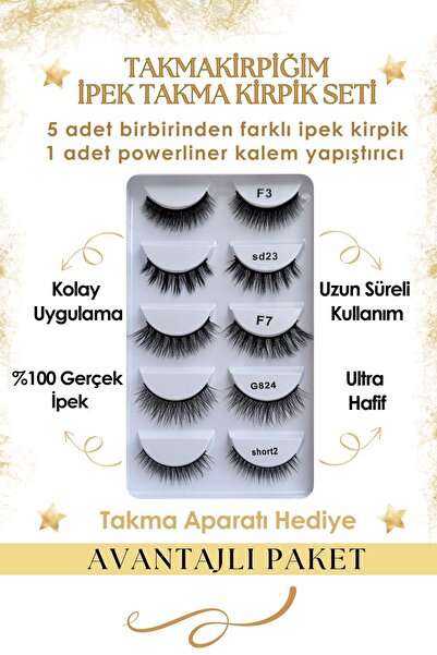 Takmakirpiğim Beşli Doğal Ipek Takma Kirpik Short Mix Set Ve Powerliner Şeffaf Kalem Yapıştırıcı (APARAT HEDİYE)