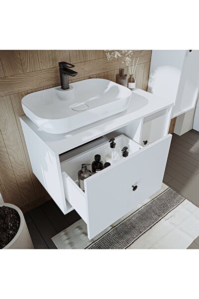 ROOMART Oval Lavabolu Mat Mdf 90 Cm Çekmeceli Banyo Dolabı + Aynalı Üst Dolabı