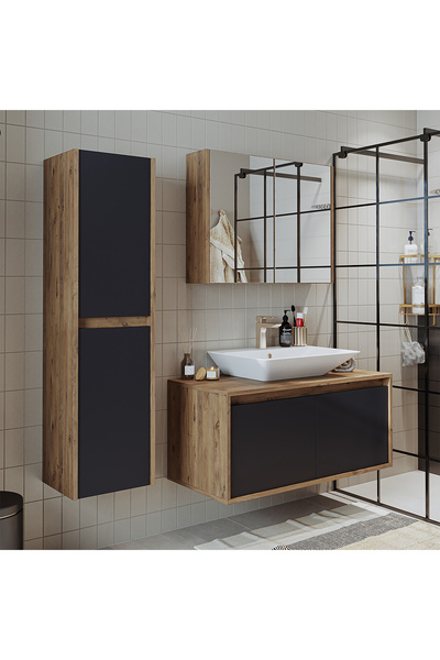 ROOMART Roomarttm7.3 Lavabolu Ahşap-antrasit Mdf 100cm Banyo Dolabı+aynalı Banyo Üst Dolabı+banyo Boy Dolabı