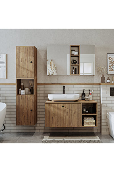 ROOMART Lavabolu Mdf 95 Cm Lotus Çekmeceli Banyo Dolabı + Aynalı Üst Dolabı +...