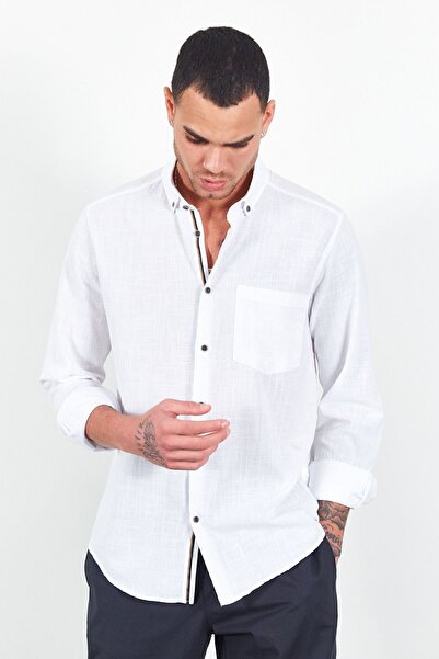 Manche Λινό εφέ Λευκό πουκάμισο μονής τσέπης - Mj22s 121537