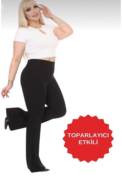SOSYETE AVM Black Large Size Flare Leg Steel Knitted Fabric Recovery Leggings Trousers