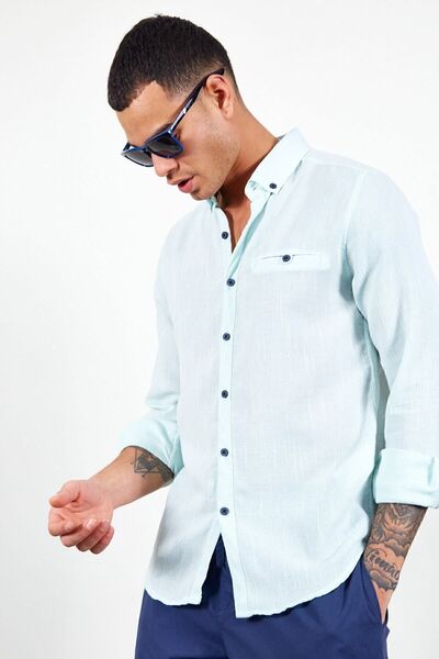 MAN EDITION Ανδρικό λινό πουκάμισο με μακρυμάνικο ψάθινο μέντα - Ee 111498 -1498