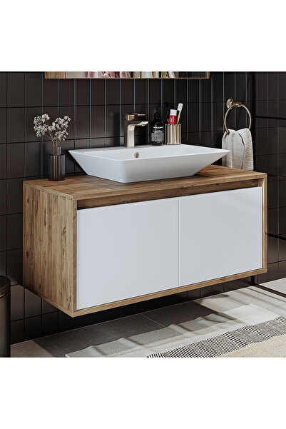 ROOMART Ld7 Ayaksız 2 Kapaklı Lavabolu Ahşap-mat Beyaz Mdf 100 Cm Banyo Dolabı