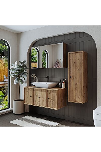 ROOMART Lavabolu Mat Mdf 105 Cm Çekmeceli Banyo Dolabı + Aynalı Üst Dolabı + Boy Dolabı