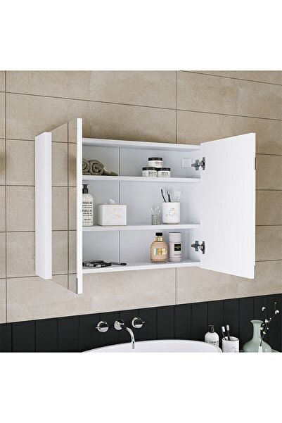 ROOMART Banos Banyo Ad7 Kulpsuz 2 Kapaklı Mat Beyaz Mdf 80 Cm Aynalı Banyo Üst Dolabı