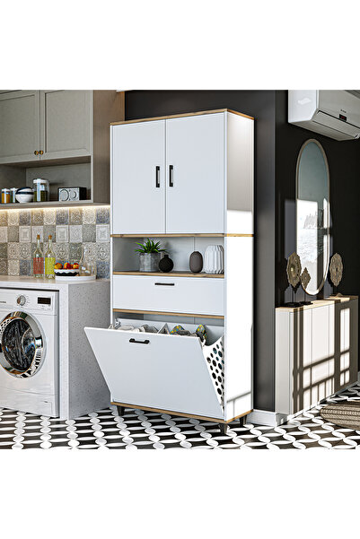 ROOMART Çamaşır Sepetli Banyo Dolabı, Çok Amaçlı Çekmeceli Dolap 90 x 200 cm