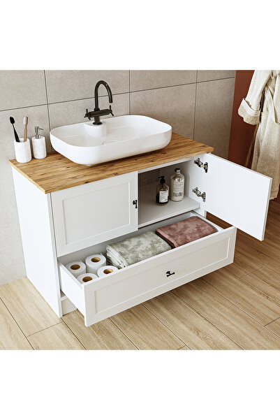 ROOMART Oval Lavabolu Ayaklı 2 Kapaklı Çekmeceli Mat Beyaz Mdf 100 Cm Banyo Dolabı