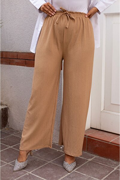 Sfg Life Moda Kadın Bel Lastikli Salaş ve Ön Bağcık Detaylı Bürümcük Şık Kumaş Pantalon