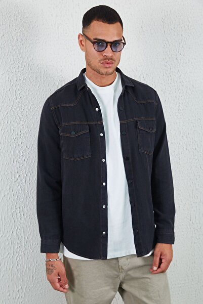 MAN EDITION Чорна джинсова сорочка - з двома кишенями Ee100117830-7830