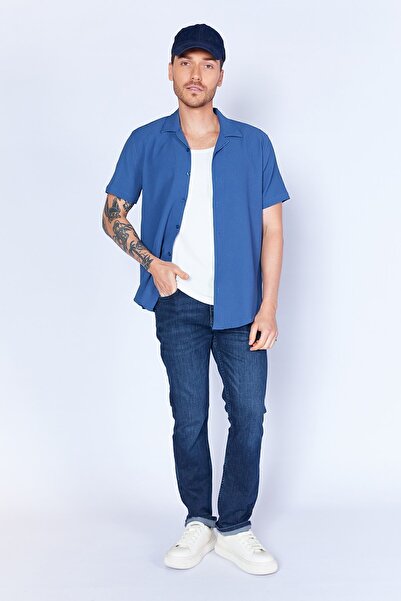 MAN EDITION Еластична сорочка для чоловіків з індіго з османською фактурою - комір-стійка, короткий рукав | Ee100117839-7839