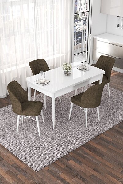 Canisa Nef Serisi 70x114, Açılabilir Mdf Yemek Masası Takımı, Beyaz Masa Ve 4...