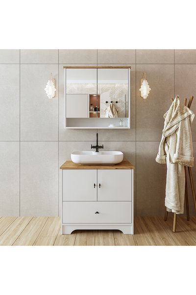 ROOMART Oval Lavabolu Mat Beyaz Mdf 80 Cm Çekmeceli Banyo Dolabı + Aynalı Üst Dolabı