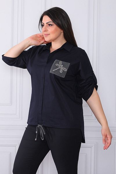 etselements Women's Navy Blue Butterfly Printed and Elastic Shirt